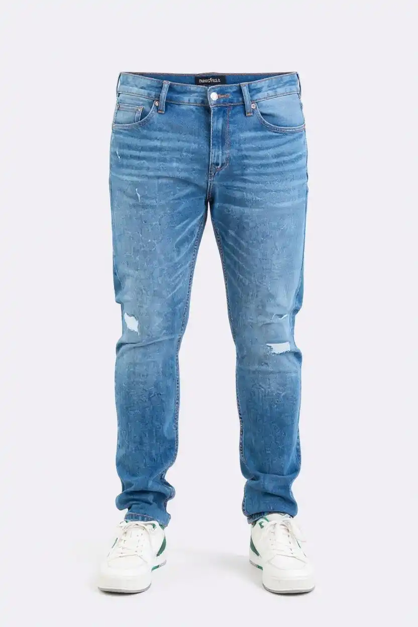 Slim Fit Distressed Mid Blue Jeans Supplier for UK
